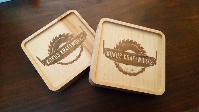 Hardwood Coaster with inlay logo in contrasting wood